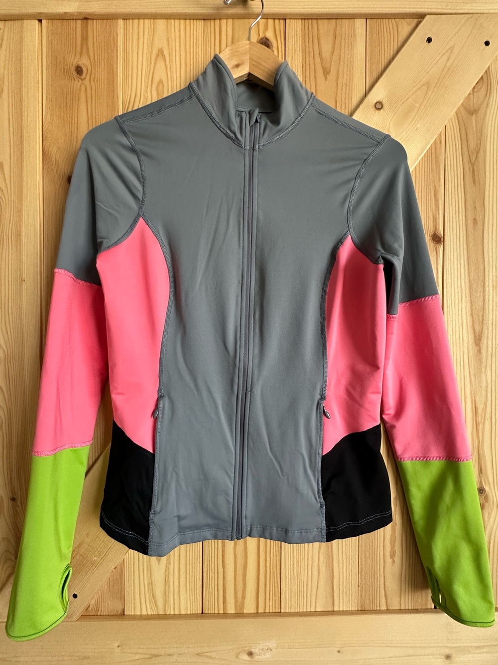 SPANX Size M Colorblock Full Zip Active Track Jacket Gray Pink Green